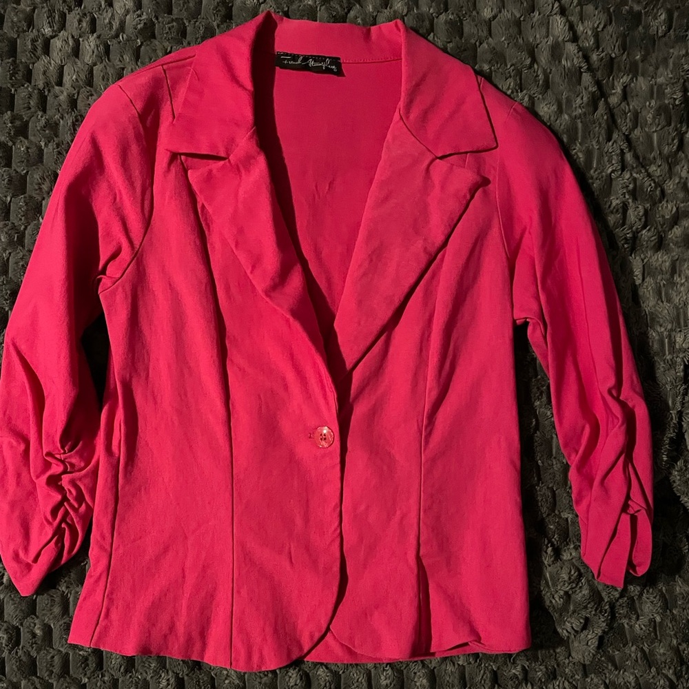 Bright pink, size small blazer. One button and 3/4 length sleeves.